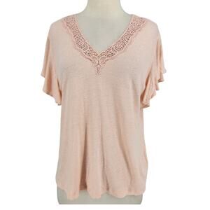 Ralph Lauren Black Label Linen Blend Lace Front Tee Pink Large